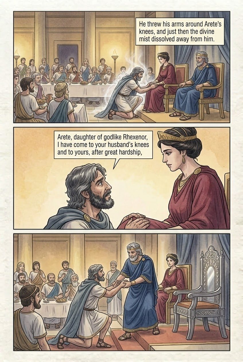 The Odyssey, Book 7, manga page 2 of 3: The palace of Alcinous and Queen Arete.