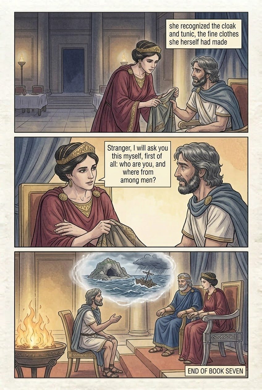 The Odyssey, Book 7, manga page 3 of 3: The palace of Alcinous and Queen Arete.