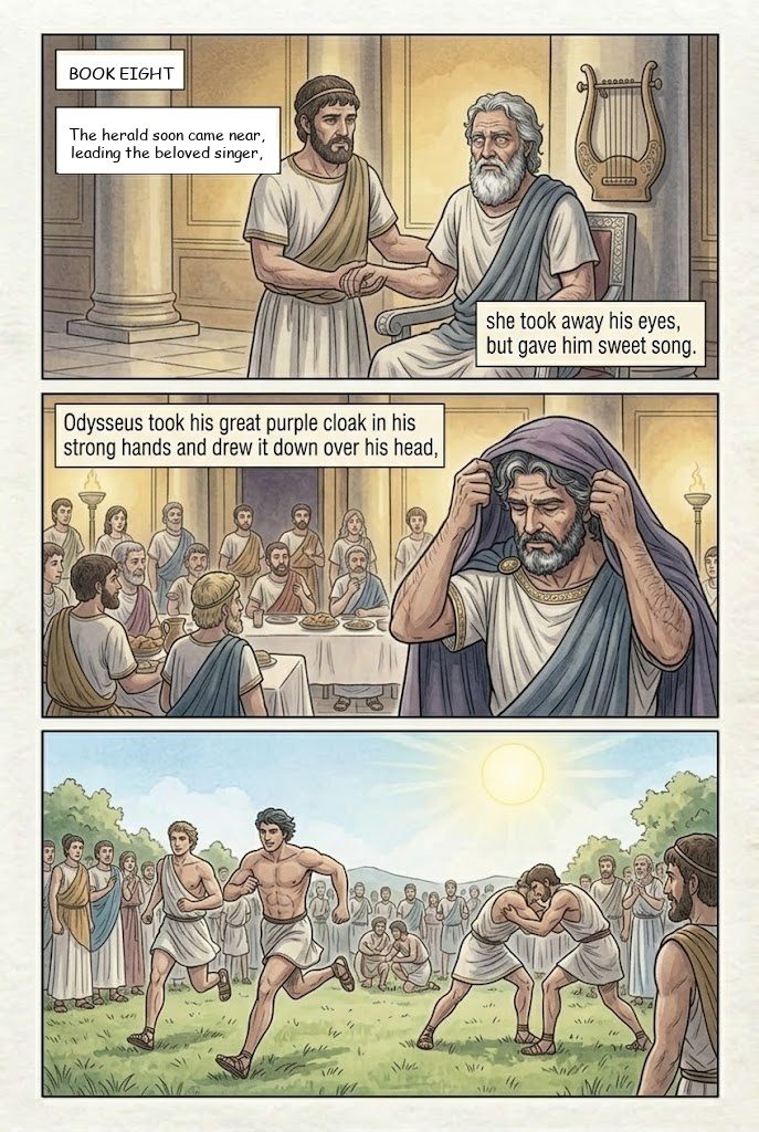 The Odyssey, Book 8, manga page 1 of 4: Demodocus sings of Troy, and Odysseus weeps.