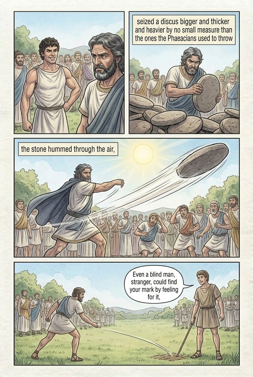 The Odyssey, Book 8, manga page 2 of 4: Demodocus sings of Troy, and Odysseus weeps.