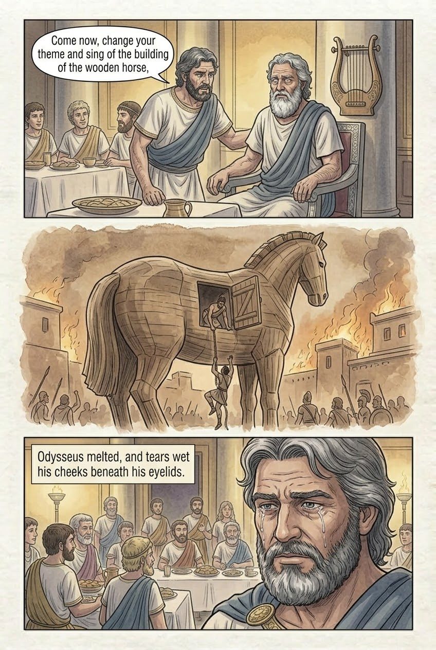 The Odyssey, Book 8, manga page 3 of 4: Demodocus sings of Troy, and Odysseus weeps.