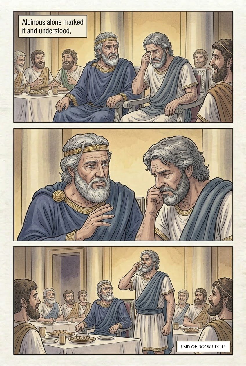 The Odyssey, Book 8, manga page 4 of 4: Demodocus sings of Troy, and Odysseus weeps.
