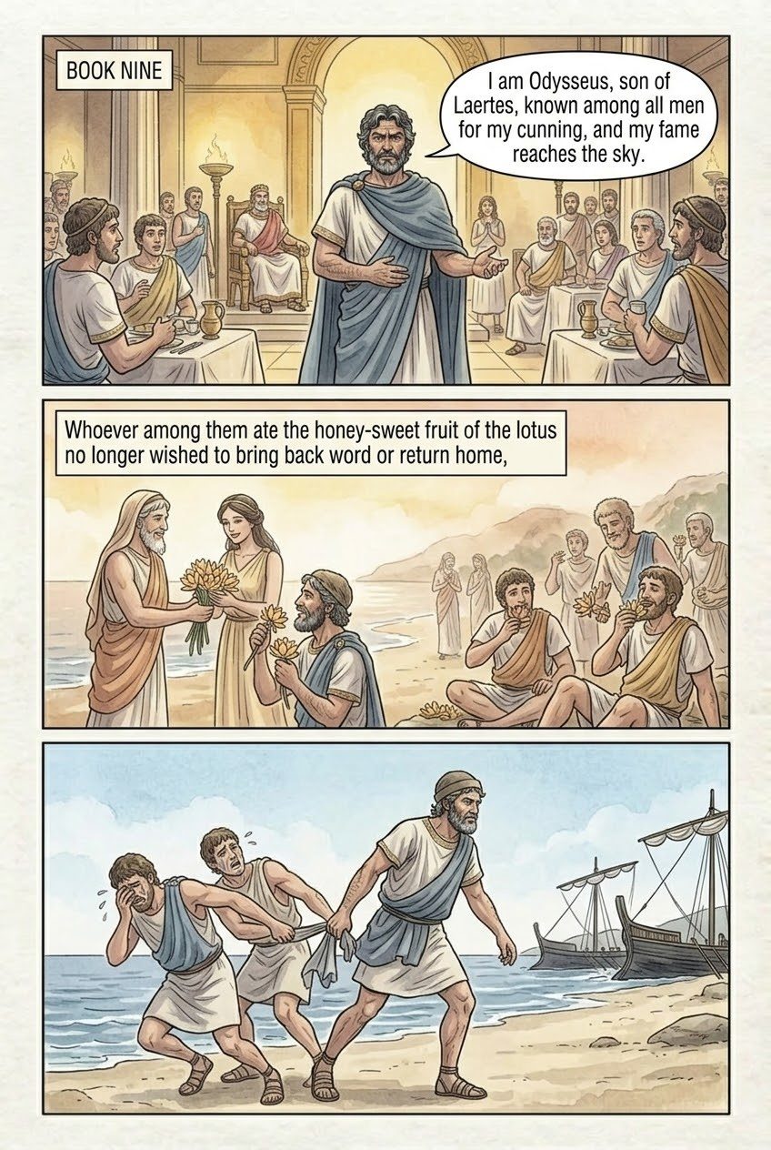 The Odyssey, Book 9, manga page 1 of 5: The Lotus-Eaters and the Cyclops: Nobody blinds Polyphemus.