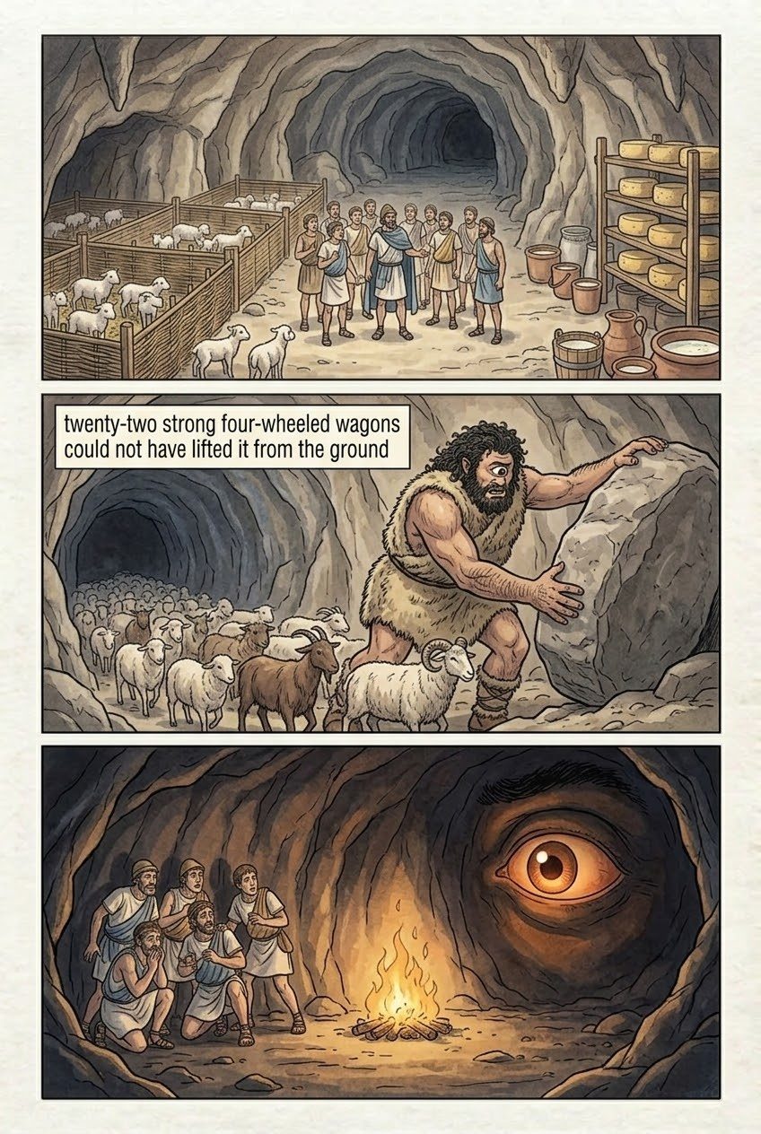 The Odyssey, Book 9, manga page 2 of 5: The Lotus-Eaters and the Cyclops: Nobody blinds Polyphemus.