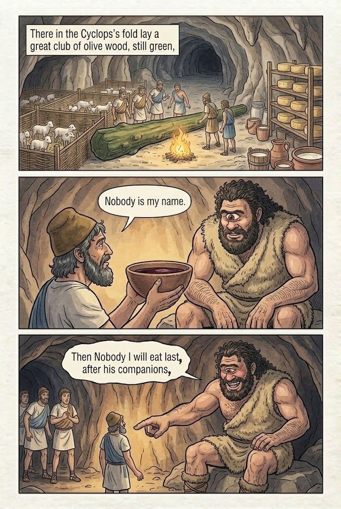 The Odyssey, Book 9, manga page 3 of 5: The Lotus-Eaters and the Cyclops: Nobody blinds Polyphemus.