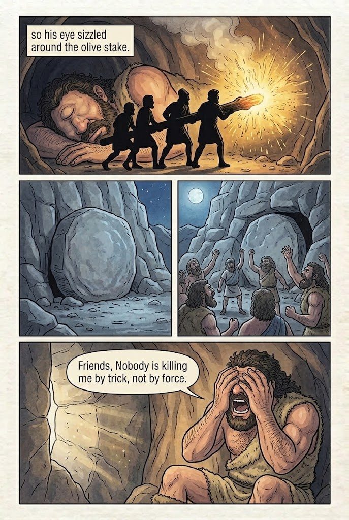 The Odyssey, Book 9, manga page 4 of 5: The Lotus-Eaters and the Cyclops: Nobody blinds Polyphemus.