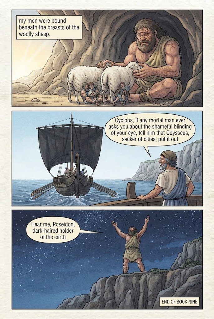 The Odyssey, Book 9, manga page 5 of 5: The Lotus-Eaters and the Cyclops: Nobody blinds Polyphemus.