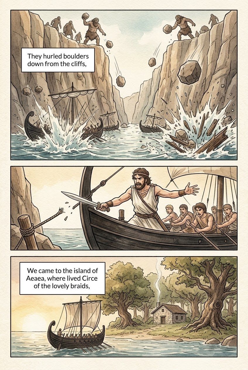 The Odyssey, Book 10, manga page 2 of 4: Aeolus's bag of winds, the Laestrygonians, and Circe turns the men into pigs.
