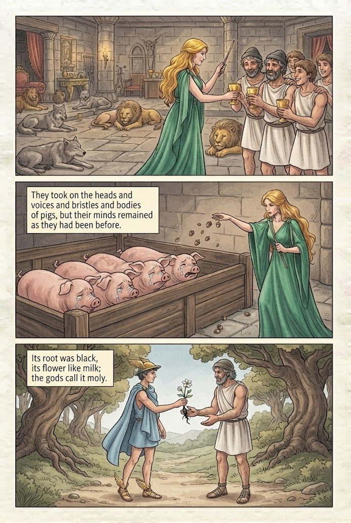 The Odyssey, Book 10, manga page 3 of 4: Aeolus's bag of winds, the Laestrygonians, and Circe turns the men into pigs.