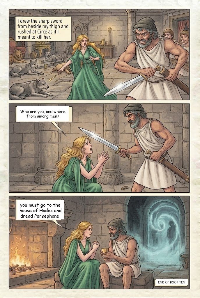 The Odyssey, Book 10, manga page 4 of 4: Aeolus's bag of winds, the Laestrygonians, and Circe turns the men into pigs.