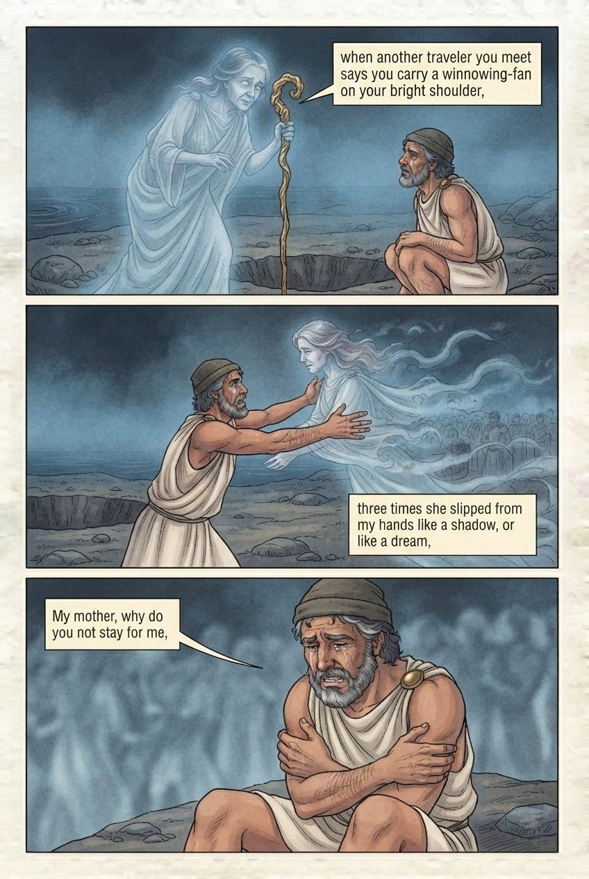 The Odyssey, Book 11, manga page 2 of 4: The land of the dead: Tiresias, Odysseus's mother, Achilles.