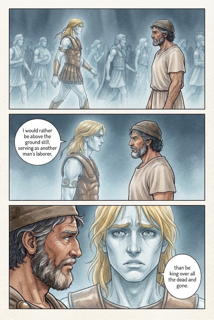The Odyssey, Book 11, manga page 3 of 4: The land of the dead: Tiresias, Odysseus's mother, Achilles.