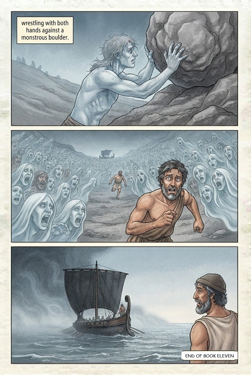 The Odyssey, Book 11, manga page 4 of 4: The land of the dead: Tiresias, Odysseus's mother, Achilles.