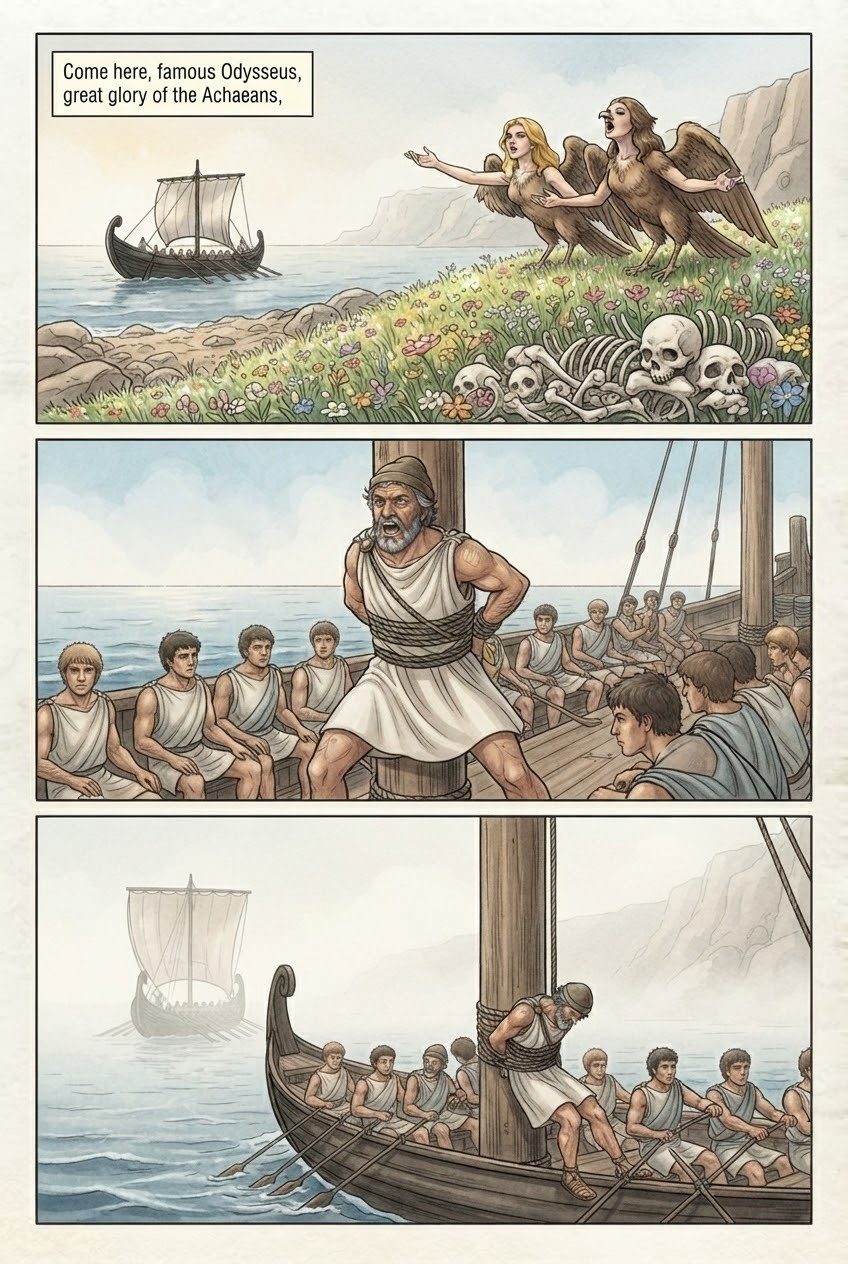 The Odyssey, Book 12, manga page 2 of 5: The Sirens, Scylla and Charybdis, and the cattle of the Sun.