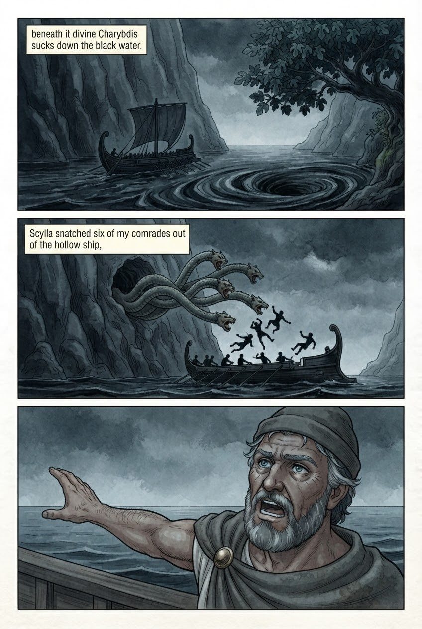 The Odyssey, Book 12, manga page 3 of 5: The Sirens, Scylla and Charybdis, and the cattle of the Sun.