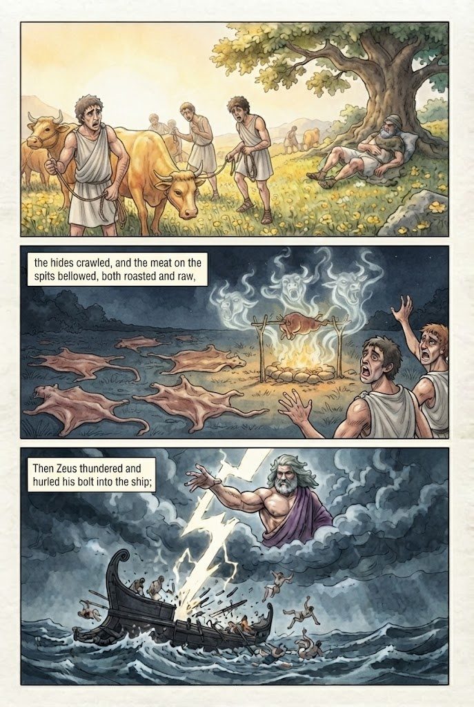 The Odyssey, Book 12, manga page 4 of 5: The Sirens, Scylla and Charybdis, and the cattle of the Sun.