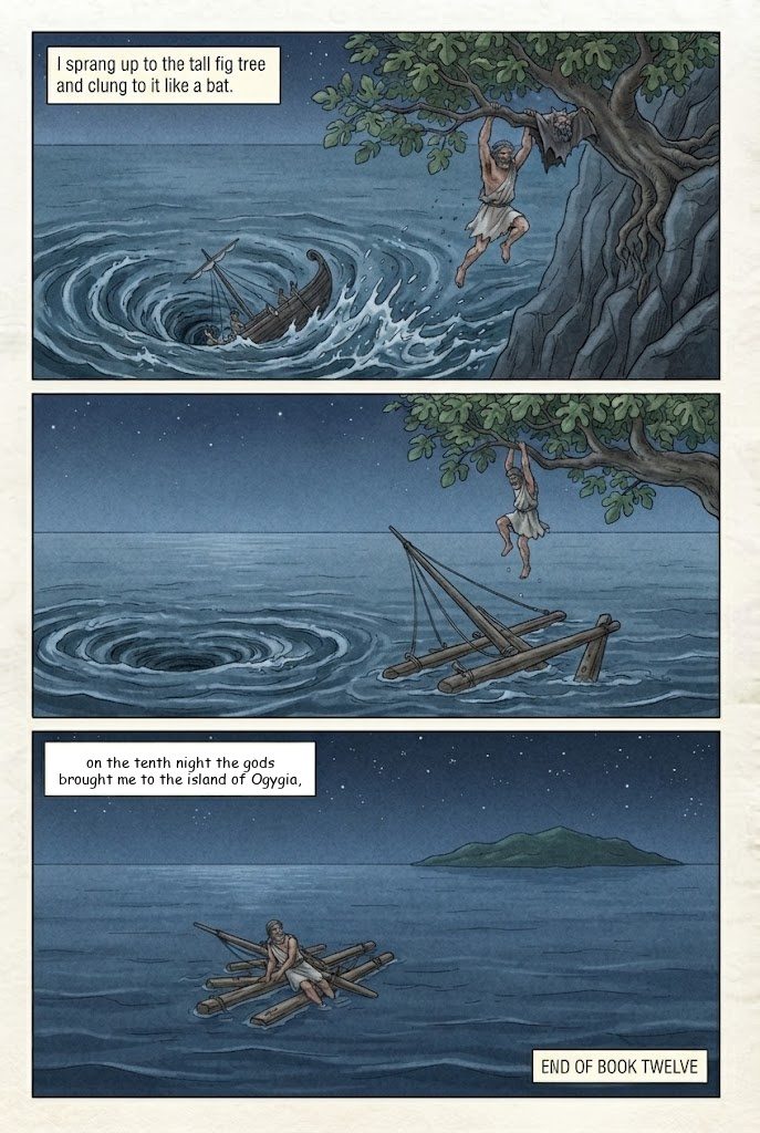 The Odyssey, Book 12, manga page 5 of 5: The Sirens, Scylla and Charybdis, and the cattle of the Sun.