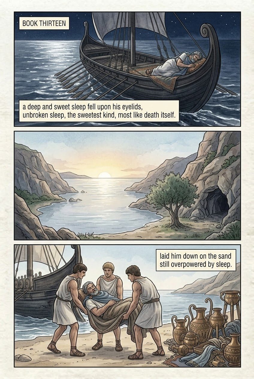 The Odyssey, Book 13, manga page 1 of 4: The Phaeacians bring Odysseus home asleep; Athena disguises him as a beggar.