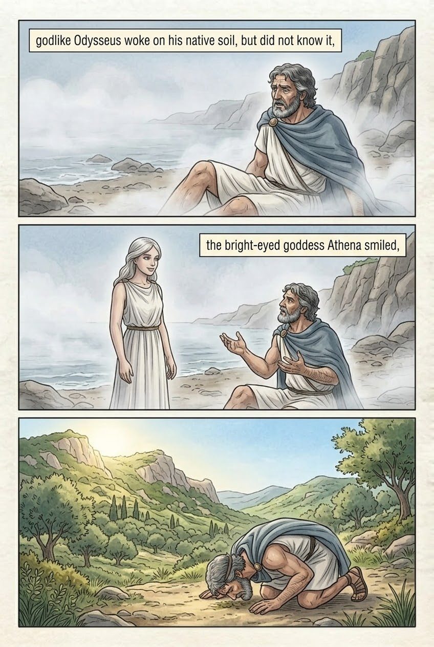 The Odyssey, Book 13, manga page 2 of 4: The Phaeacians bring Odysseus home asleep; Athena disguises him as a beggar.
