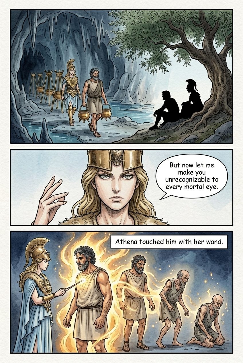 The Odyssey, Book 13, manga page 3 of 4: The Phaeacians bring Odysseus home asleep; Athena disguises him as a beggar.