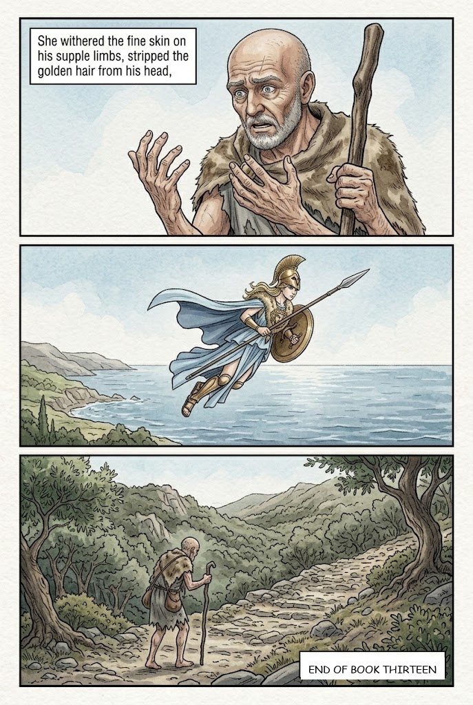 The Odyssey, Book 13, manga page 4 of 4: The Phaeacians bring Odysseus home asleep; Athena disguises him as a beggar.