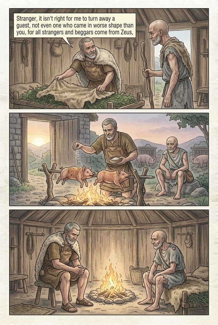 The Odyssey, Book 14, manga page 2 of 3: The loyal swineherd Eumaeus welcomes the beggar.