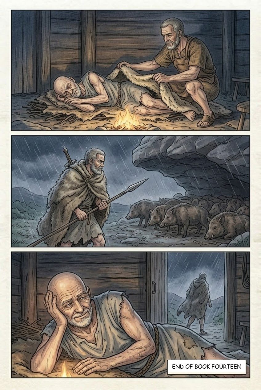 The Odyssey, Book 14, manga page 3 of 3: The loyal swineherd Eumaeus welcomes the beggar.