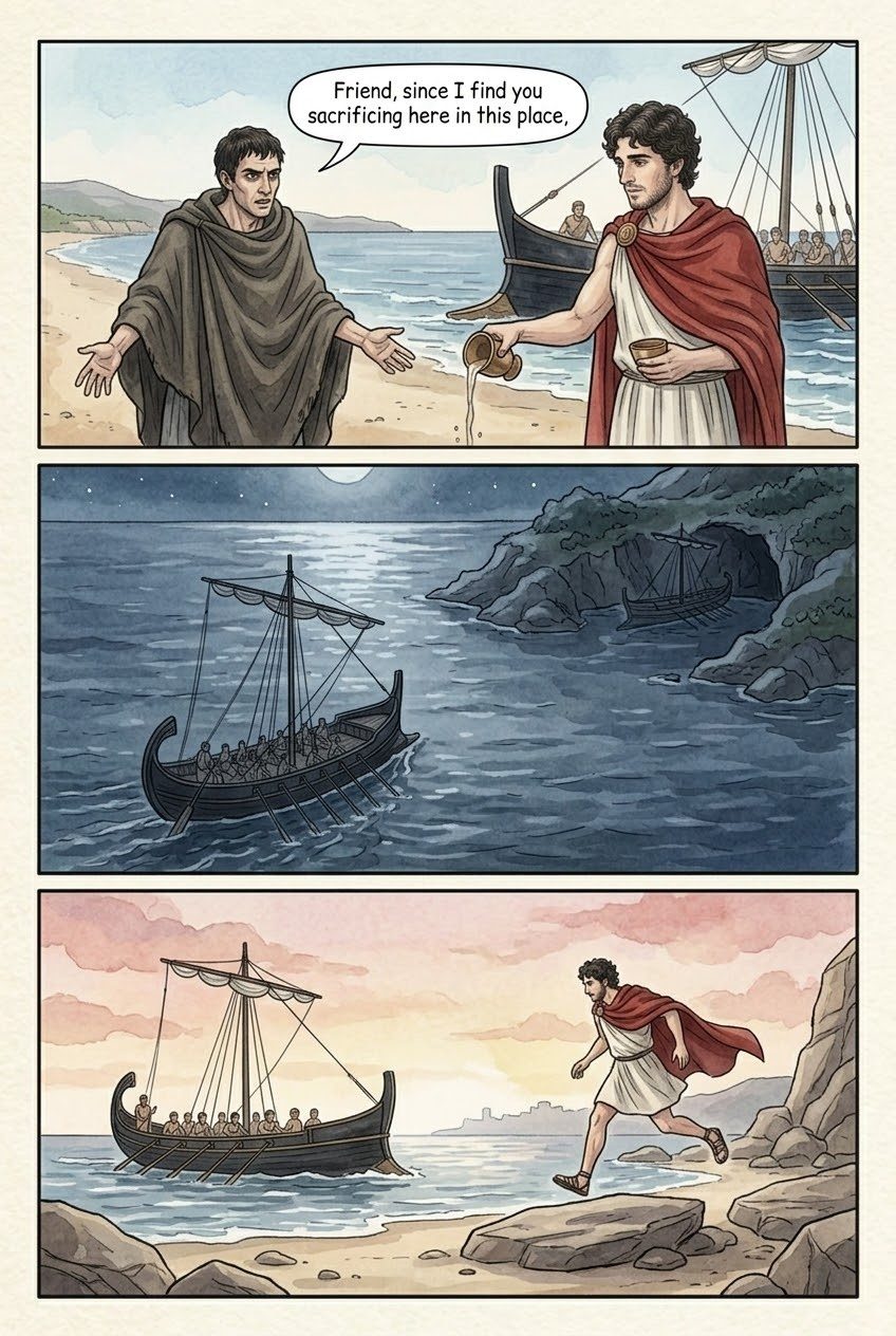 The Odyssey, Book 15, manga page 2 of 3: Telemachus slips past the ambush and comes home.