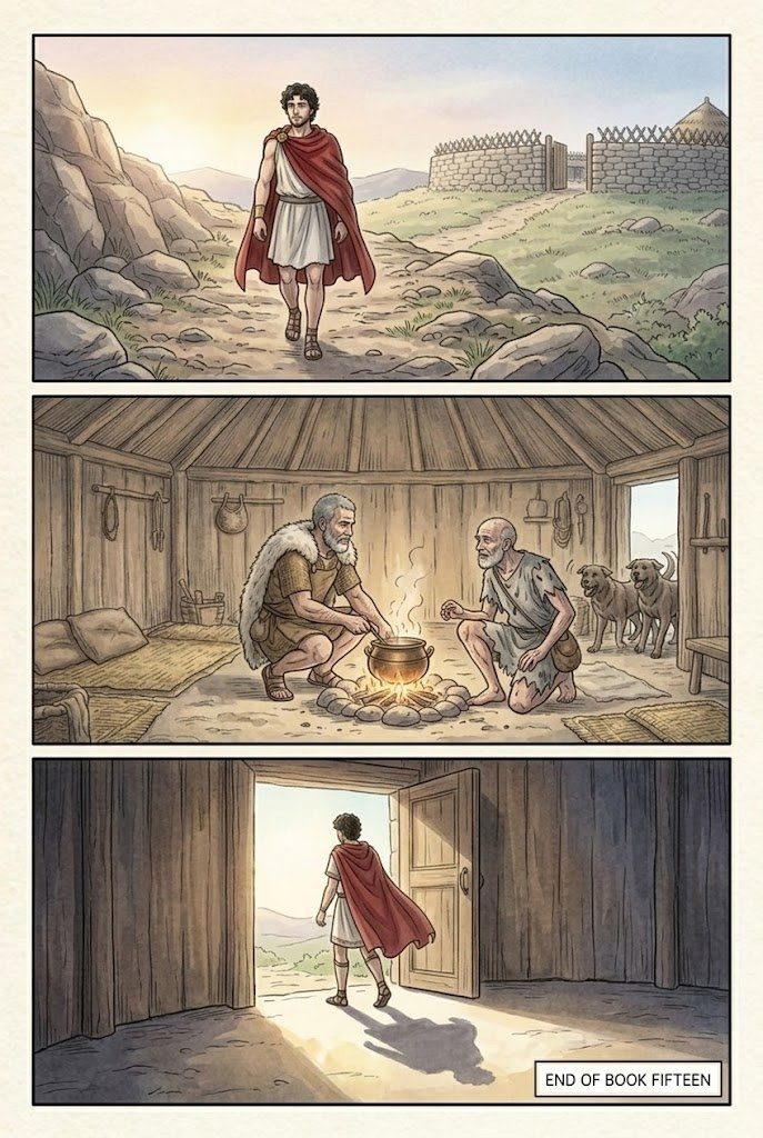 The Odyssey, Book 15, manga page 3 of 3: Telemachus slips past the ambush and comes home.