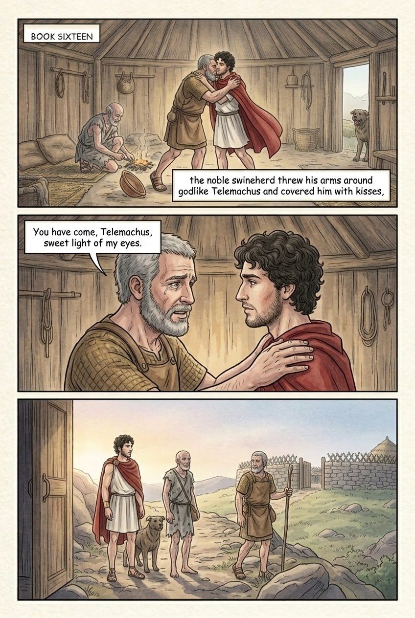 The Odyssey, Book 16, manga page 1 of 4: Father and son meet in the swineherd's hut.
