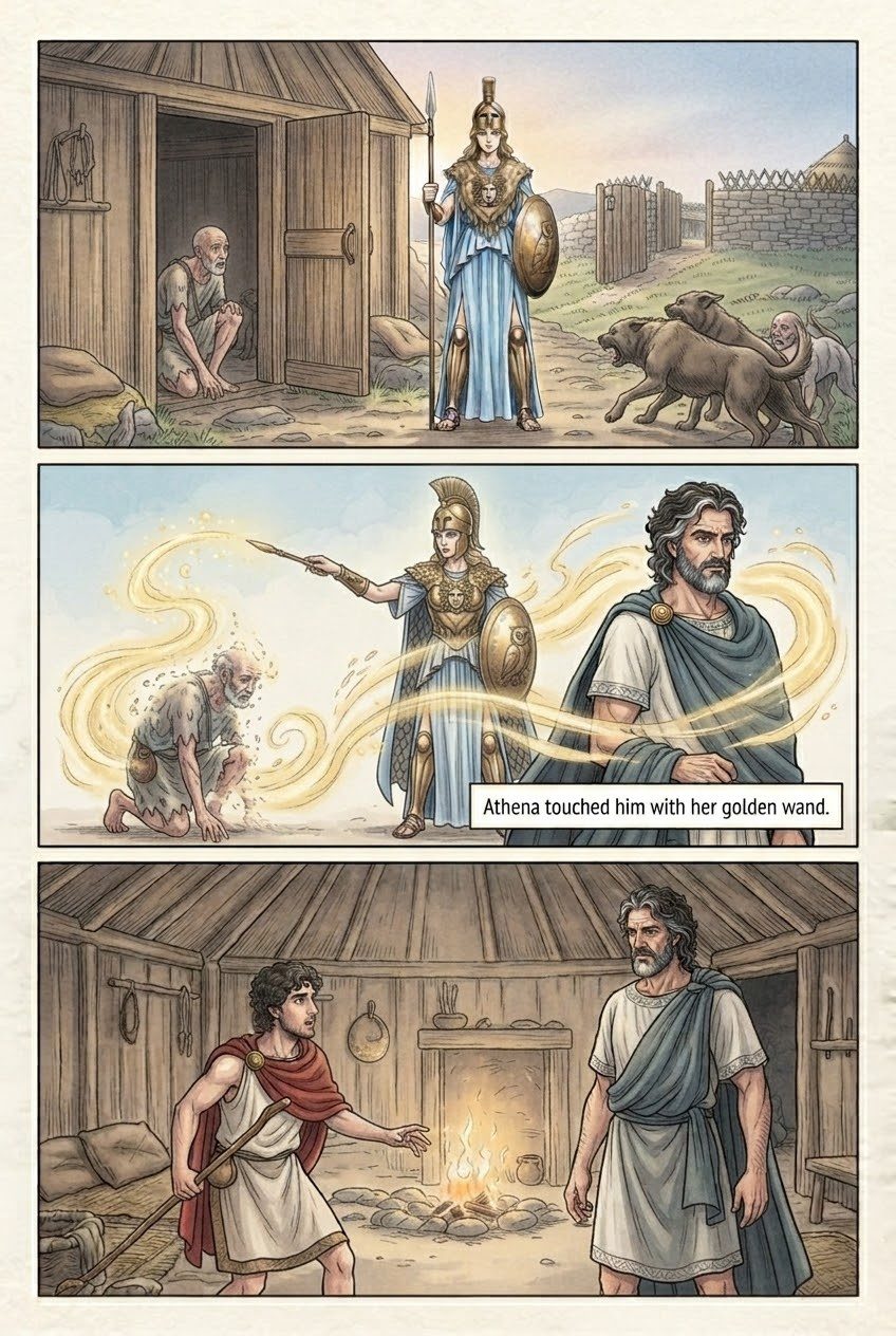 The Odyssey, Book 16, manga page 2 of 4: Father and son meet in the swineherd's hut.