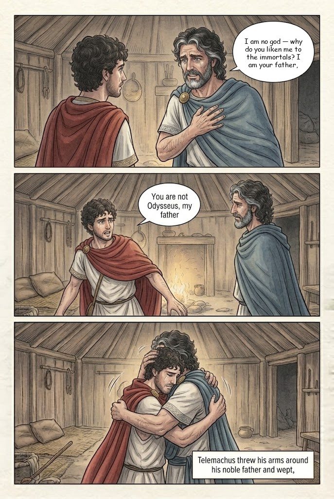 The Odyssey, Book 16, manga page 3 of 4: Father and son meet in the swineherd's hut.