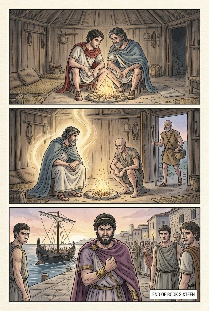 The Odyssey, Book 16, manga page 4 of 4: Father and son meet in the swineherd's hut.