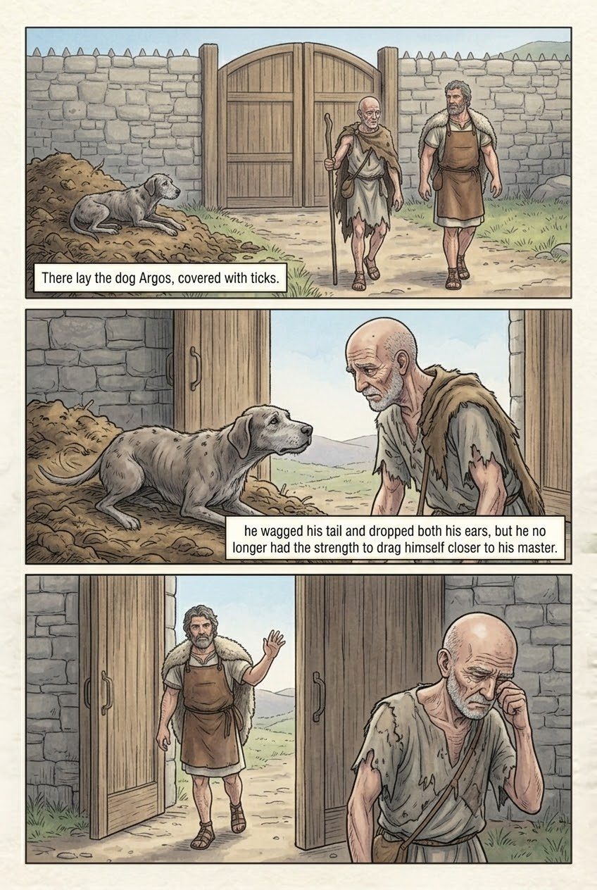 The Odyssey, Book 17, manga page 2 of 4: Odysseus comes to his own hall as a beggar; old Argos the dog knows him.