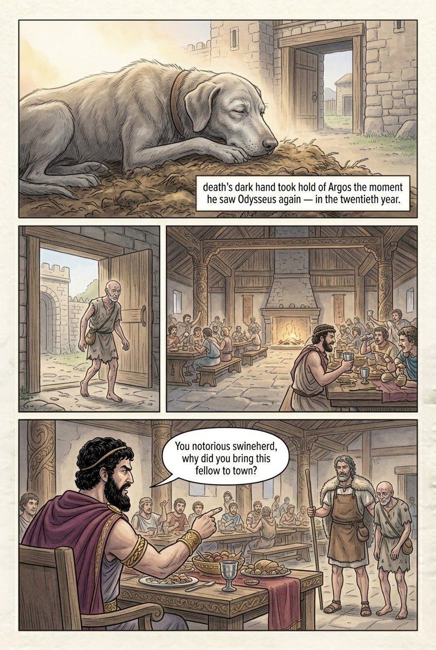 The Odyssey, Book 17, manga page 3 of 4: Odysseus comes to his own hall as a beggar; old Argos the dog knows him.