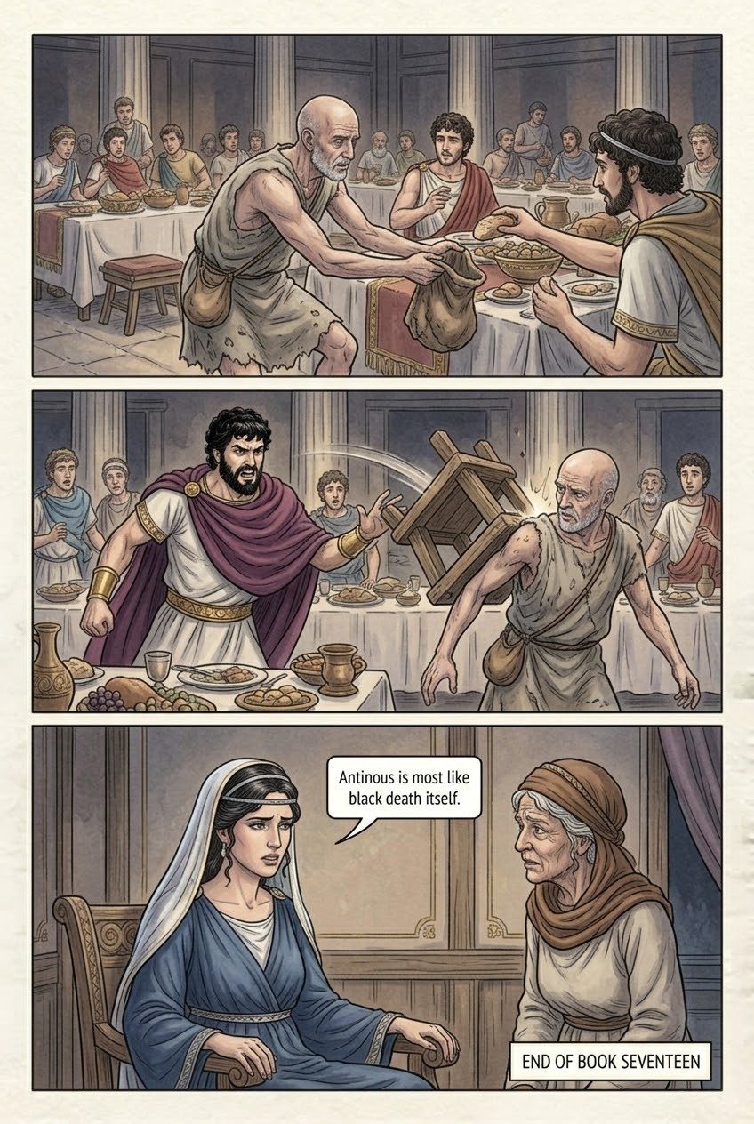 The Odyssey, Book 17, manga page 4 of 4: Odysseus comes to his own hall as a beggar; old Argos the dog knows him.