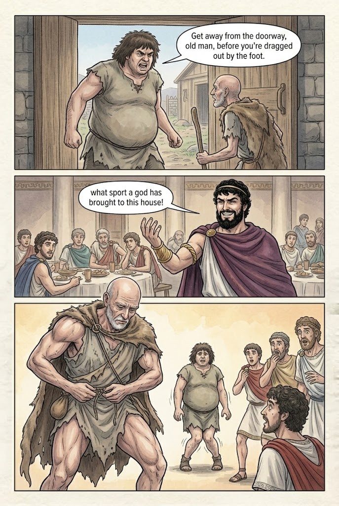 The Odyssey, Book 18, manga page 1 of 4: The fight with Irus; Penelope appears to the suitors.