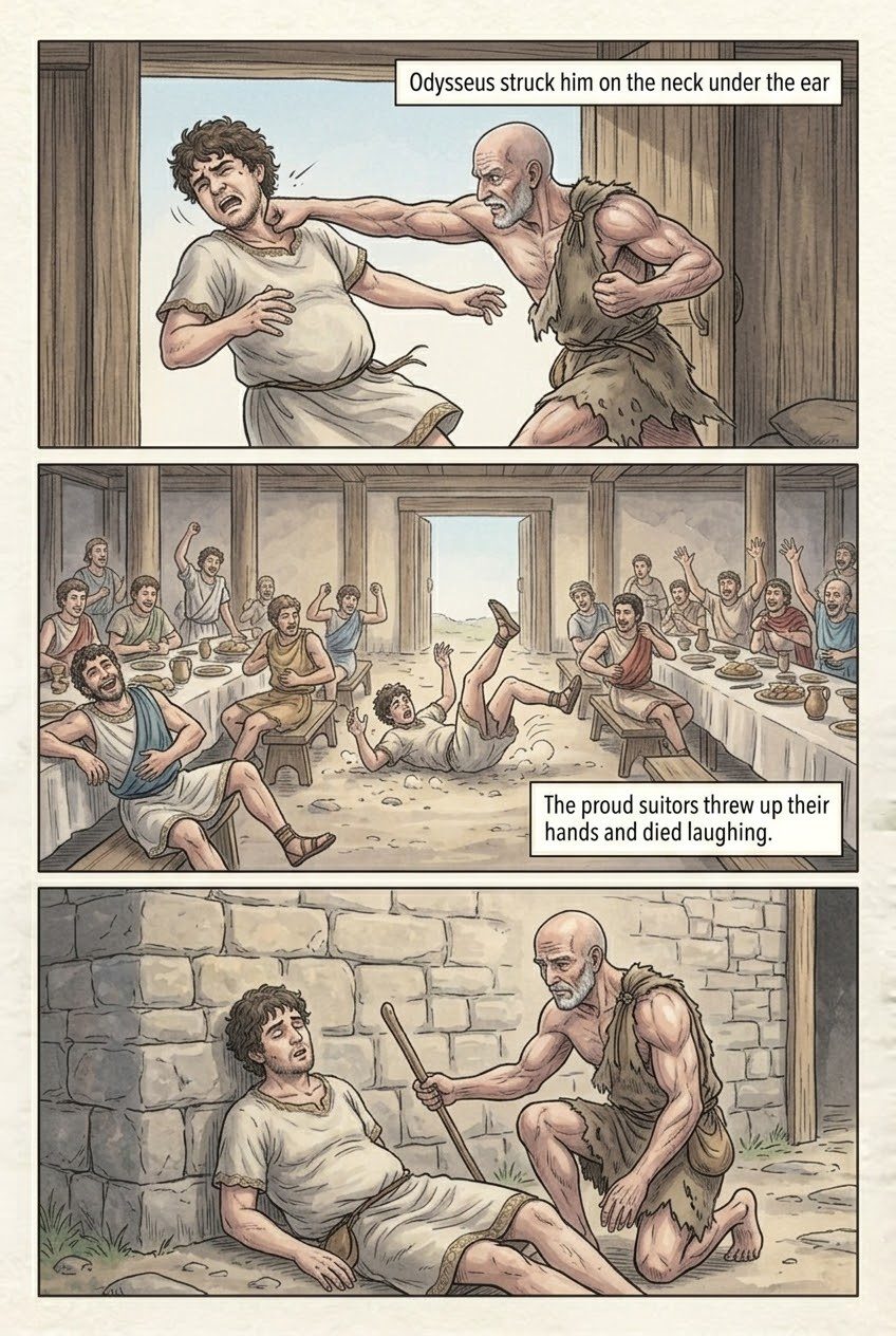 The Odyssey, Book 18, manga page 2 of 4: The fight with Irus; Penelope appears to the suitors.