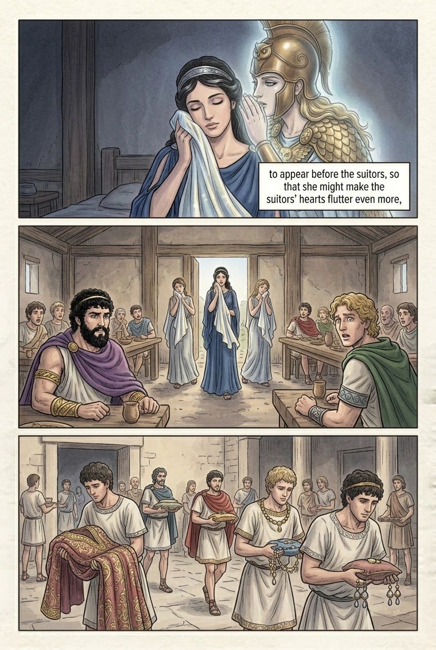 The Odyssey, Book 18, manga page 3 of 4: The fight with Irus; Penelope appears to the suitors.