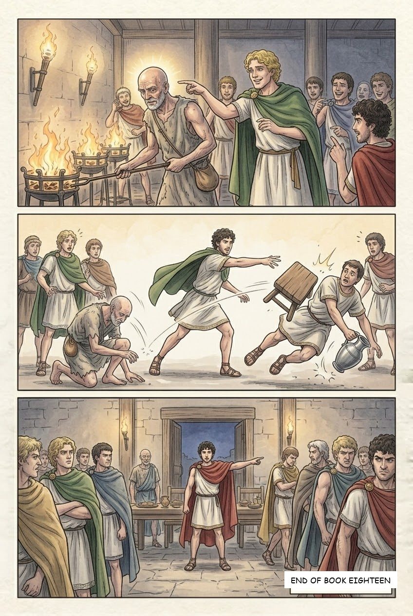The Odyssey, Book 18, manga page 4 of 4: The fight with Irus; Penelope appears to the suitors.