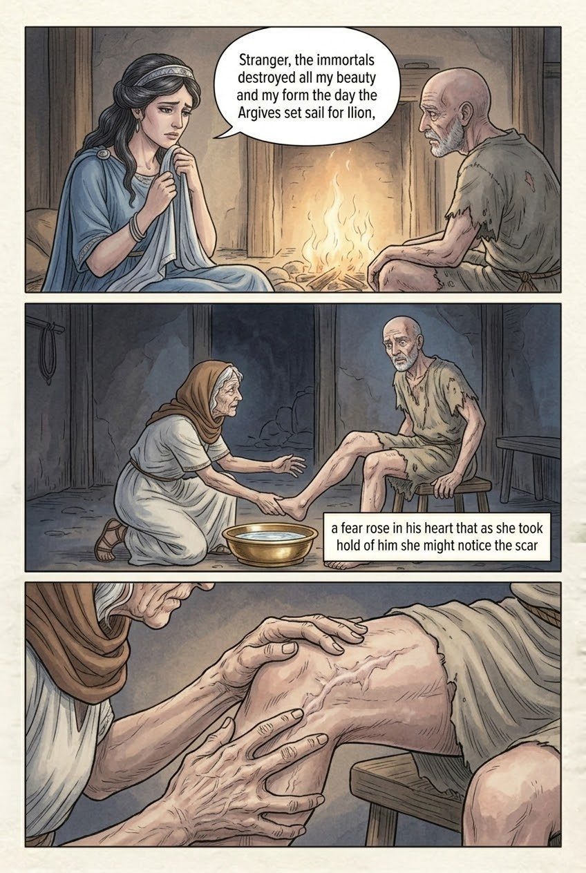 The Odyssey, Book 19, manga page 2 of 4: Penelope talks with the beggar; Eurycleia finds the scar.