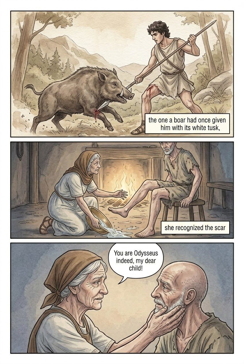 The Odyssey, Book 19, manga page 3 of 4: Penelope talks with the beggar; Eurycleia finds the scar.