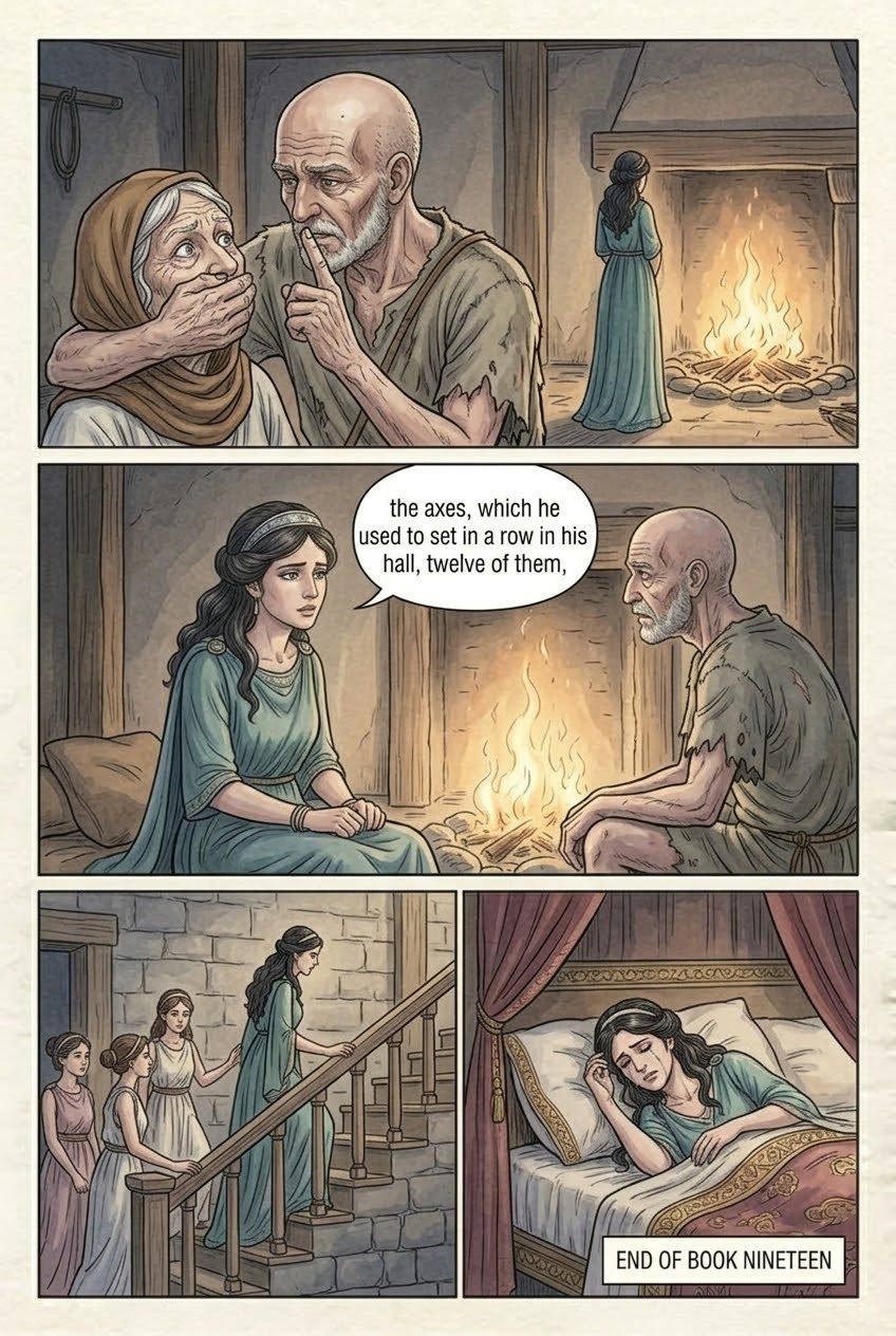 The Odyssey, Book 19, manga page 4 of 4: Penelope talks with the beggar; Eurycleia finds the scar.