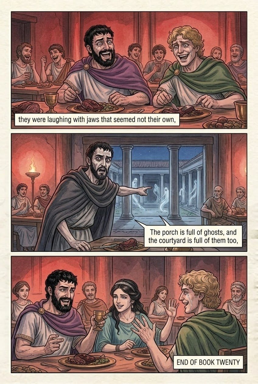 The Odyssey, Book 20, manga page 2 of 2: Omens of doom gather over the suitors.