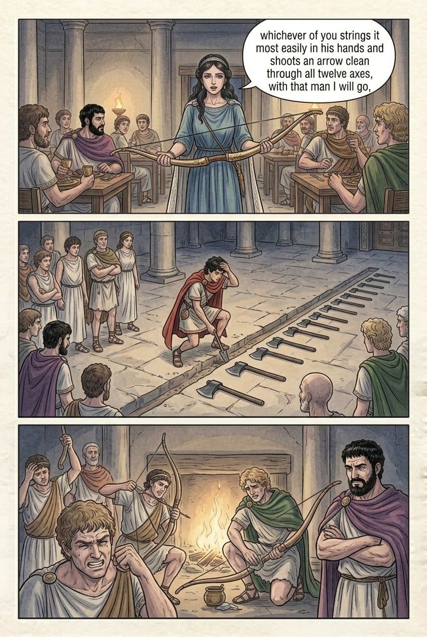 The Odyssey, Book 21, manga page 2 of 4: The contest of the bow.