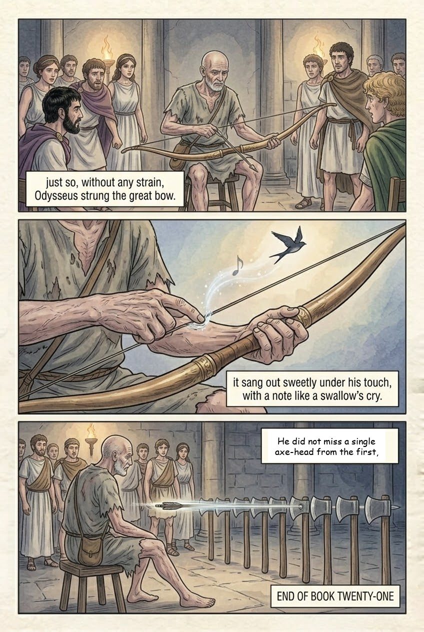 The Odyssey, Book 21, manga page 4 of 4: The contest of the bow.