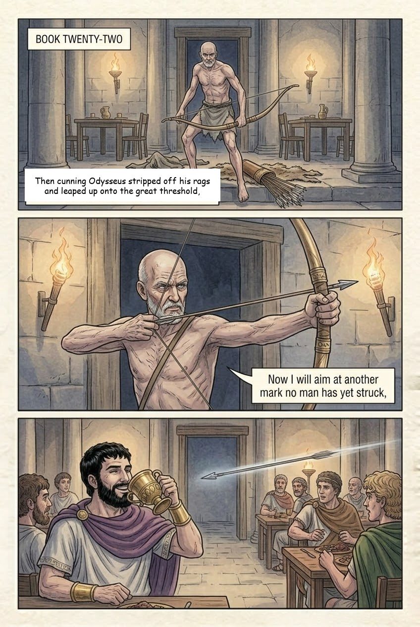 The Odyssey, Book 22, manga page 1 of 4: The slaughter of the suitors.