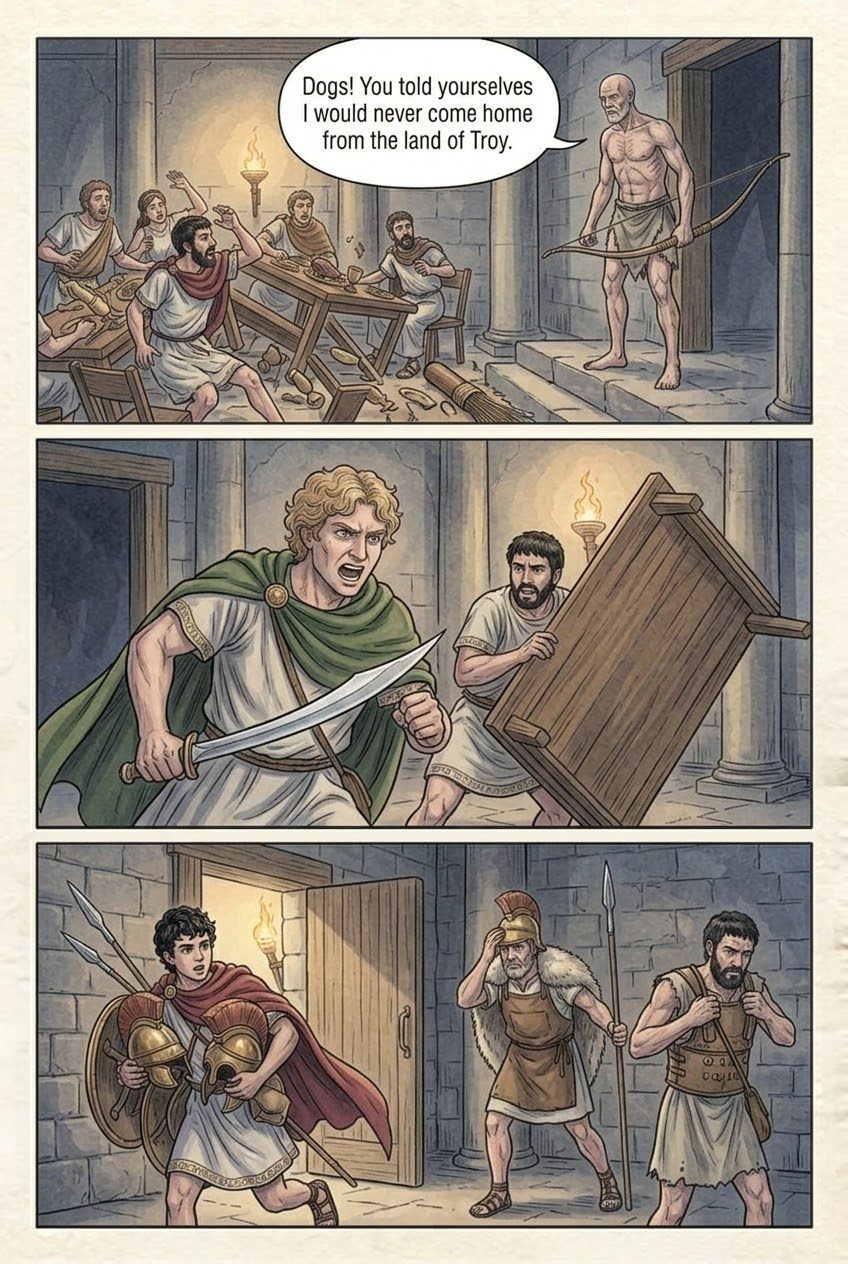 The Odyssey, Book 22, manga page 2 of 4: The slaughter of the suitors.