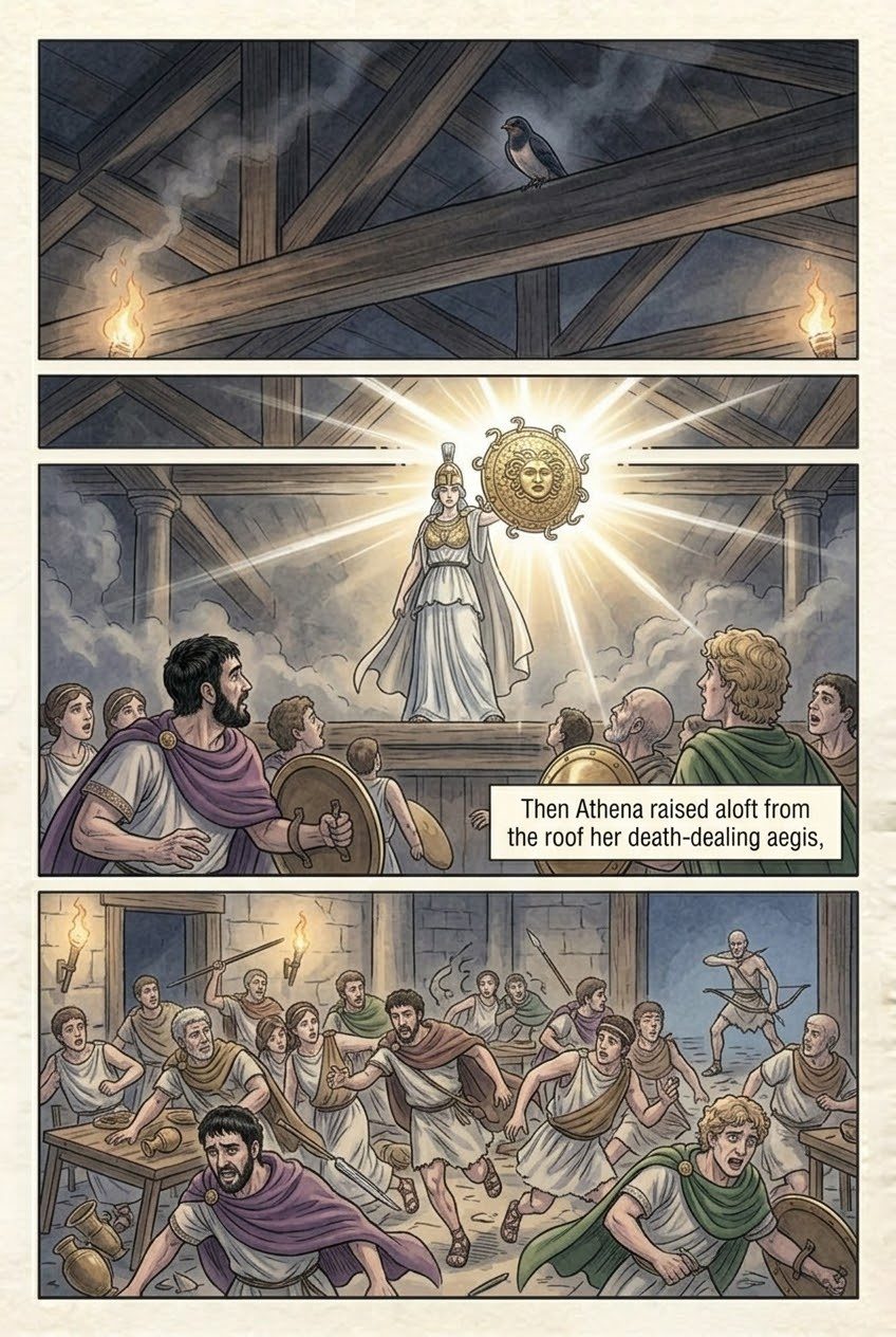 The Odyssey, Book 22, manga page 3 of 4: The slaughter of the suitors.