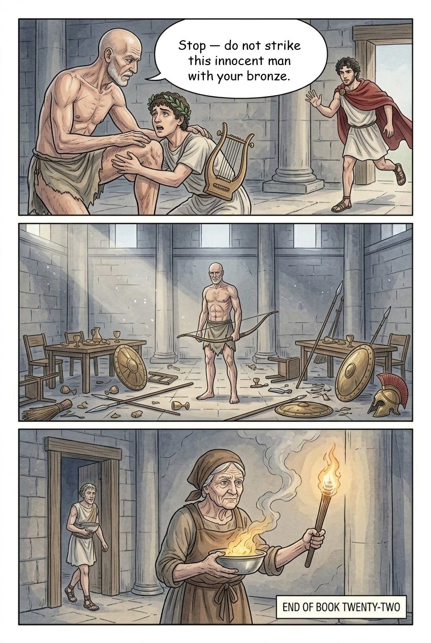 The Odyssey, Book 22, manga page 4 of 4: The slaughter of the suitors.